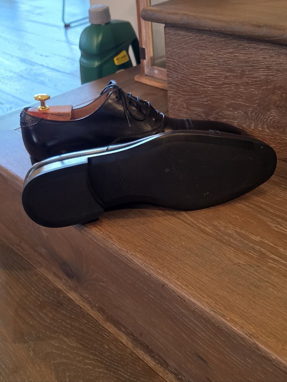 Salvatore Ferragamo Black Leather Cap-Toe Derbys with Brogue Detail - Picture 9 of 12